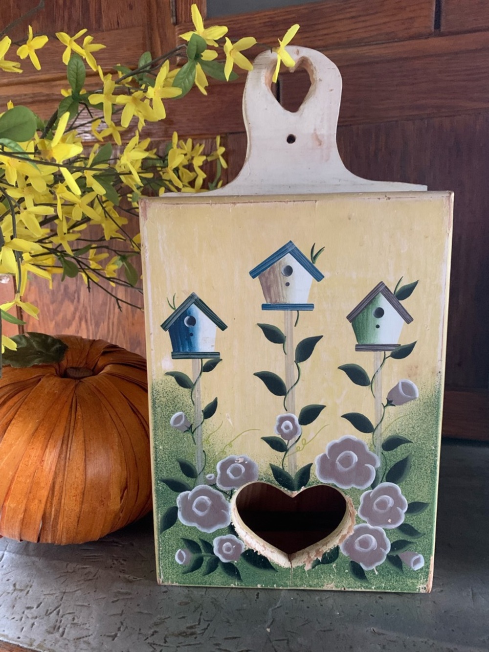 Vintage Cottagecore wooden wall hanging, bag dispenser, decor birdhouse